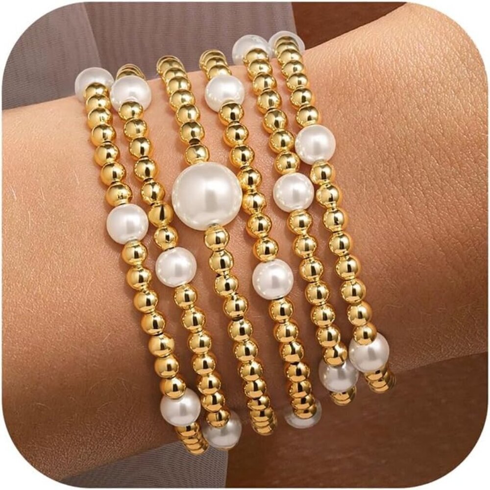Women's Bead  Pearl (6/10mm) - 6pcs 14K Gold Plated Bead & Pearl Bracelet Stack